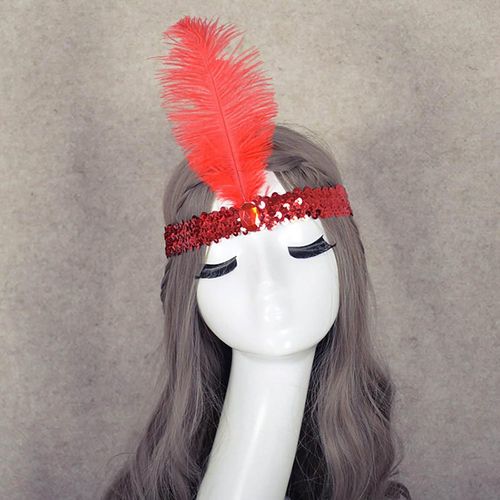 Kal-Élastique Sequin Headband Hair Band Boho Sequins Feather Headpiece Hair Tie Bijoux Pour Femmes Et Filles Spectacle De Scène De Noël (Rouge)