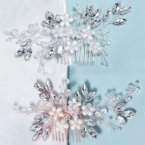 Kal-Peigne Cheveux Mariée Peigne2 Pièces Bohend Strass Peigne Cristal Barrette À Cheveux Décoratif Peignes À Cheveux De Mariée Accessoires Pour Cheveux Pour Les Femmes Et Les Filles(Argent&er Rose)