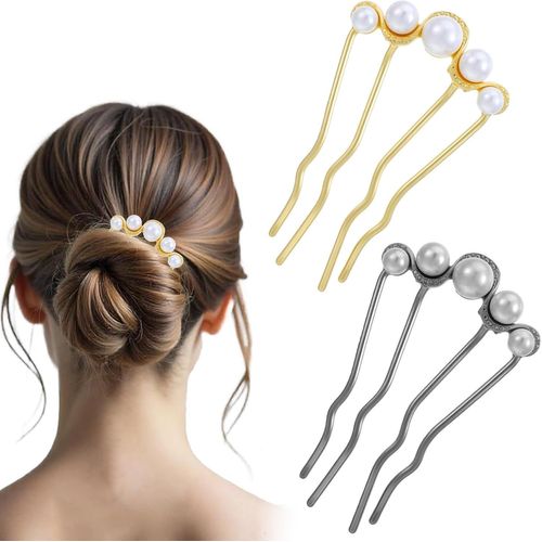 Kal-Lot De 2 Peignes À Cheveux Élégants En Forme De U En Métal Avec Perles Et Ornement De Perles Pour Mariée, Mariage, Fête, Style Quotidien (Noir, Doré)
