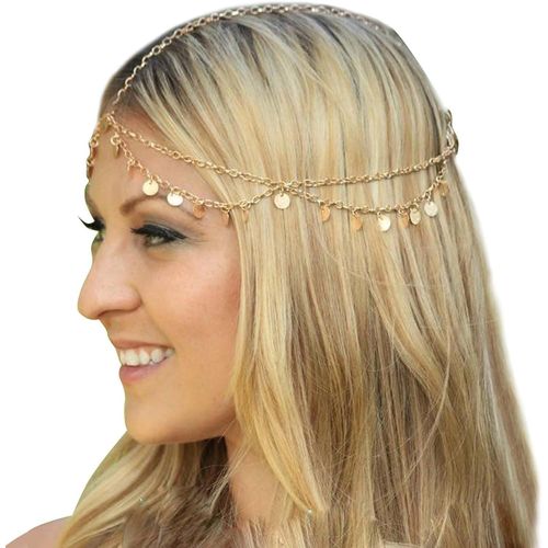 Kal-Chaîne De Tête Dorée Pour Femmes Et Filles - Paillettes - Style Bohème - Chaîne À Pompons - Bandeau De Cheveux - Perle - Festival - Bijou De Cheveux - Pièce De Monnaie Gitane, Alliage