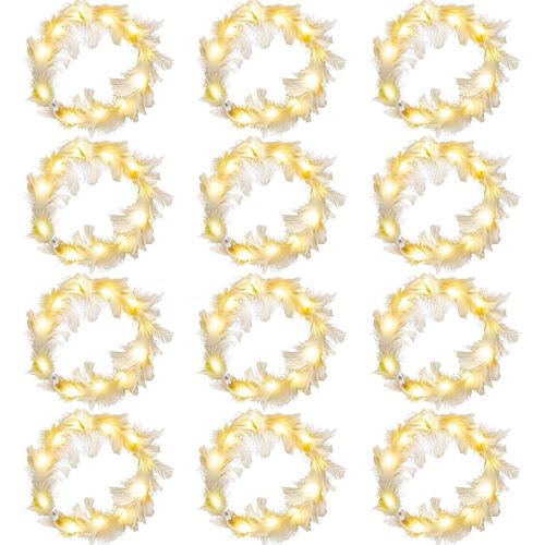 Kal-Couronnes De Cheveux Lumineuses En Plumes,12pcs Couronne De Fleurs Led, Plumes Bandeau Couronne Led,Bandeau Pour Femme, Lumineux
