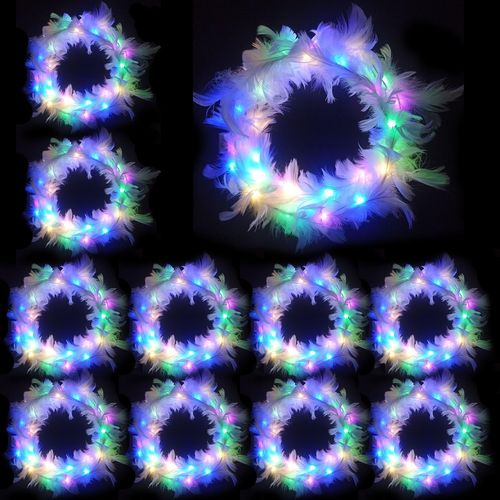 Kal-Couronnes De Cheveux Lumineuses En Plumes,10pcs Couronne De Fleurs Led,Led Bandeau Fleur,Couronne De Plumes Bandeau,Bandeau Couronne Led,Bandeau Pour Femme,Led Plumes Bandeaux Lumineux Bandeau