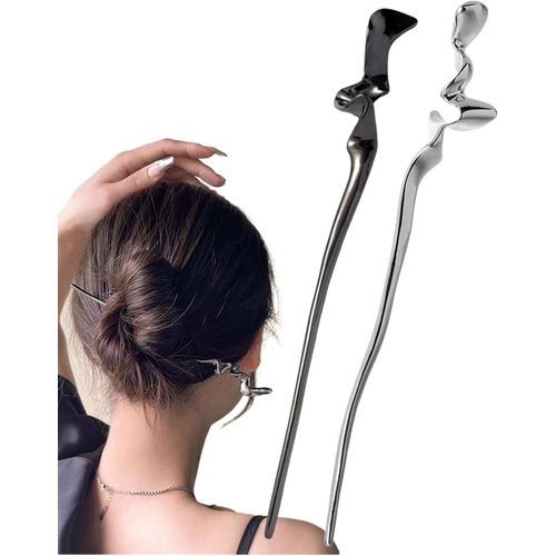 Kal-Lot De 2 Barrettes À Cheveux En Métal Argenté Brillant - Longues Épingles À Cheveux - Pour Femme - Chignon - Cheveux Décoratifs - Coiffure Fixe
