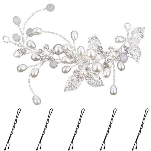 Kal-Vigne De Cheveux Mariage - Mariée Mariage Épingles À Cheveux Bandeau De Fleurs Pour Mariage Avec Perles Cristal Vignes Fleur Feuille Headpieces - Argent
