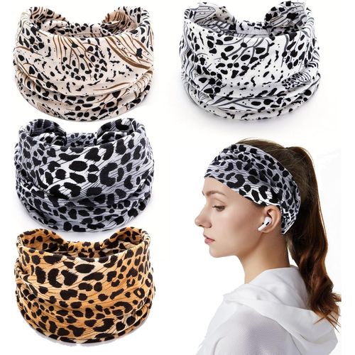 Kal-Bandeau Cheveux Femme, 4 Pièces Cheveux Femme Bandeaux Mode Pour Femmes Bandeau Cheveux Leopard Femme Élastique Bandana Accessoire Cheveux Femme Yoga Sport Bandana