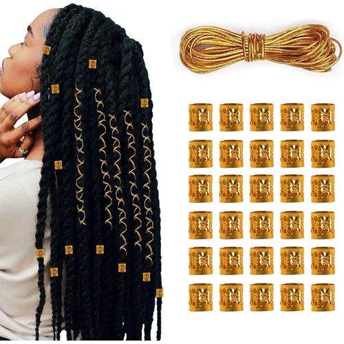 Kal-30 Pcs Bijoux Dreadlocks Cheveux, Dreadlocks En Métal Perles Cheveux Tresse Manchette Anneaux De Tresse Dreadlocks, Avec 1 Corde À Cheveux Tressée, Pour Les Fêtes, Les Spectacles (Doré)