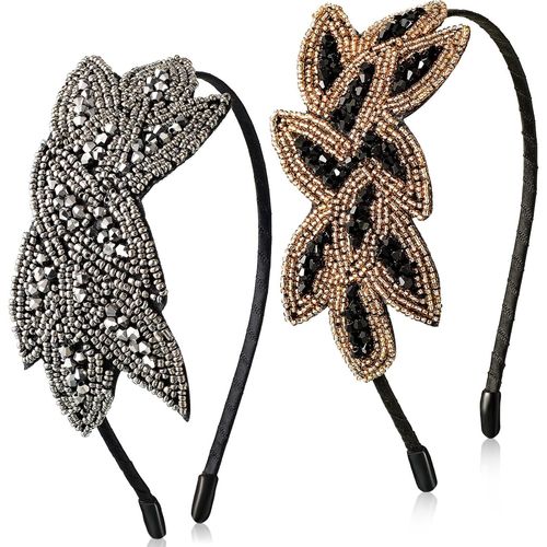 Kal-2 Pièces Bandeaux Flapper Serre-Tête Des Années 20 Serre-Tête De Feuille Vintage Perlé Bandeaux Des Années 1920 Accessoires De Cheveux Rétro Pour 1920 Fête Costumée