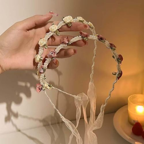 Kal-2 Pièces Fleurs Serre Tete De Femme Cheveux Vigne Perle, Serre Tete Bandeau Avec Ruban Réglable, Sert Tete Femme, Serre Tete Fille, Accessoires De Coiffure De Guirlande Pour Mariage, Party