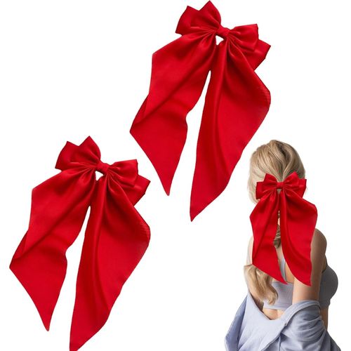 Kal-Lot De 2 Pince À Cheveux,Barrettes À Cheveux Avec Grand N?ud,Noeud Cheveux Fille,Long Ruban De Satin Soyeux Françaises,N?uds En Épingle À Cheveuxs Accessoires Pour Femmes Et Filles (Rouge)