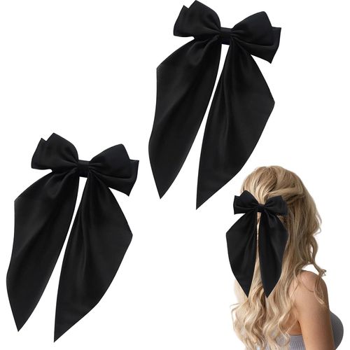 Kal-Lot De 2 Pince À Cheveux,Barrettes À Cheveux Avec Grand N?ud,Noeud Cheveux Fille,Long Ruban De Satin Soyeux Françaises,N?uds En Épingle À Cheveuxs Accessoires Pour Femmes Et Filles (Noir)