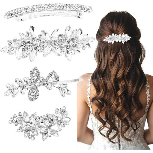 Kal-4 Pièces Pinces À Cheveux Brillantes Argentées Avec Strass, Bijoux De Mariée Pour Cheveux Mariage, Accessoires Cheveux Soirée Quotidien, Barrettes Communion, Accessoires De Cheveux