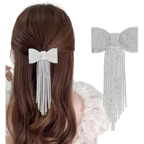 Kal-Barrettes À Cheveux Automatiques Avec N?ud En Strass Pour Femme, Élégantes, Pour Fêtes, Bals De Fin D'année (Argenté)
