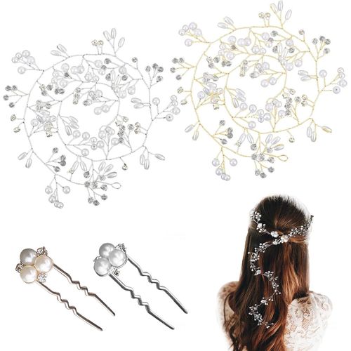Kal-50cm Accessoires Cheveux Mariage,4 Pièces Diademe Mariage Perle Vigne De Cheveux ,Fleurs Vigne Cheveux Coiffure Mariée Mariage,Serre-Tête Mariée Avec Perles De Vigne Pour Femmes Et Filles(Argent,