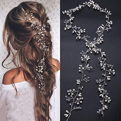 Kal-Serre-Tête De Mariée Extra Long Avec Perles De Cristal Et Perles De Cristal - Bijou De Cheveux Pour Mariée - Accessoire De Cheveux Pour Mariée - Couleur Or Rose Et Or Argenté
