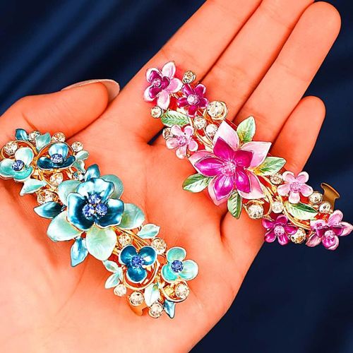 Kal-Barrettes À Cheveux Françaises À Fleurs Dorées, Pinces À Cheveux De Mariage Florales, Accessoires De Cheveux Vintage En Cristal Pour Femmes (2 Pièces)(Rose+Bleu)