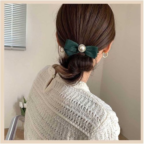 Kal-Barrettes À Cheveux Noeud En Satin Vintage Barrettes À Cheveux Noeud En Satin De Velours Vert Barrette À Ruban D'hiver Barrette À Noeud En Perles Françaises Barrette À Cheveux Noeud