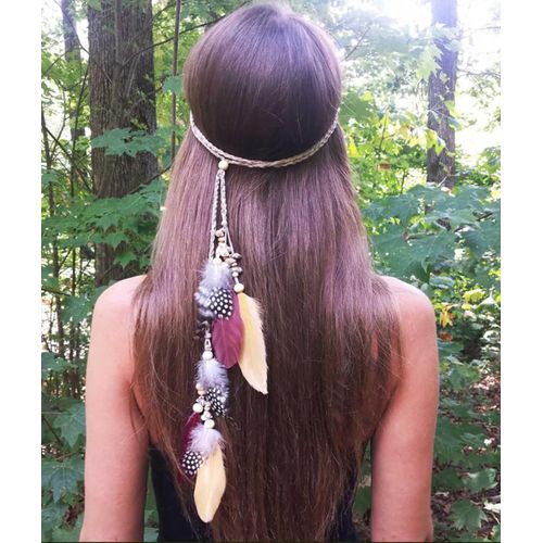 Kal-Bandeau Plume Boho Casque Vintage Hippie Chaîne De Tête Indienne Bijoux De Cheveux Accessoires Pour Cheveux Tribaux Pour Femmes Et Filles (Rouge)