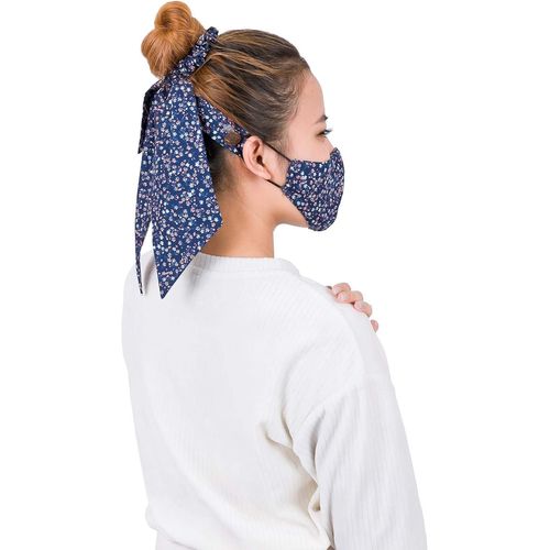 Kal-Chouchous Cheveux Femme Avec Boutons Pour Masque Facial Protège-Oreilles Protection Chouchou Noeuds Accessoires Longue Bleu Marine Fleuri Os