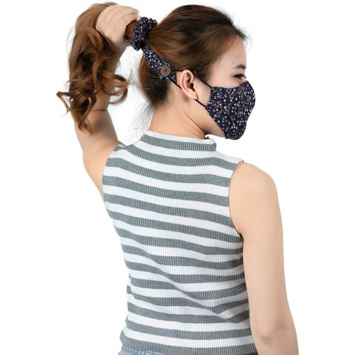 Kal-Chouchous Cheveux Femme Avec Boutons Pour Masque Facial Protège-Oreilles Protection Chouchou Noeuds Accessoires Courte Bleu Marine Fleuri Os