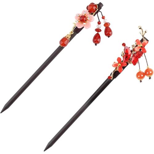 Kal-Lot De 2 Épingles À Cheveux Japonaises Rétro En Forme De Fleur Faites À La Main,Épingles À Cheveux Chinoises, Baguette Cheveux Vintage,Fleurs Vintage,Fabriquées À La Main,Motif Élégant