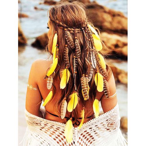 Kal-Serre-Tête Bohème À Plumes Jaunes - Accessoire De Cheveux Pour Femmes Et Filles