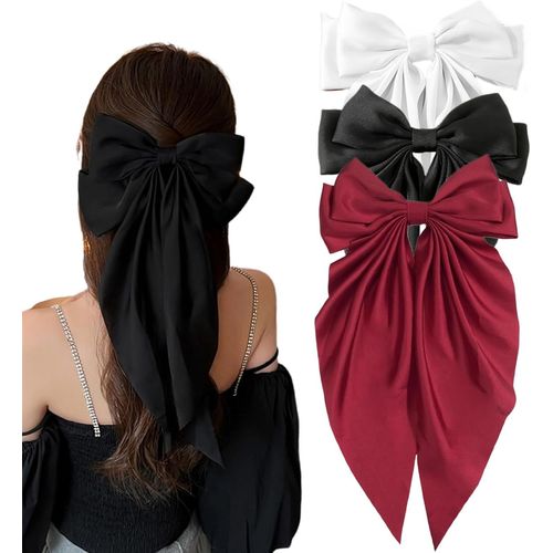 Kal-Lot De 3 Barrettes À Cheveux En Satin Avec Grand N?ud En Tissu Français Pour Femmes Et Filles (Noir, Rouge, Blanc)