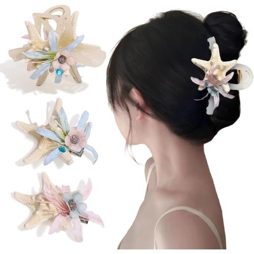 Kal-Lot De 3 Pinces À Cheveux Seaside Series Femme Fille 1 Pièce Grande Eternelle Fleur Coquillages Étoile Hair Clip Et 2 Pièces Rose Et Bleu Barrettes À Cheveux Accessoires De Coiffure
