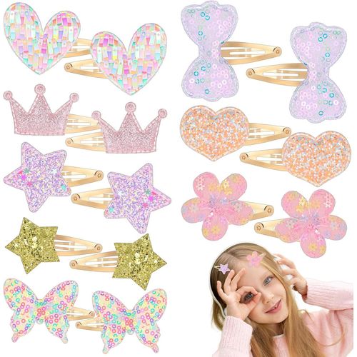 Kal-Lot De 16 Barrettes À Cheveux Pour Fille - Couronne Étoile C?ur Papillon - Pinces À Cheveux À Paillettes - Barrettes En Métal Multicolores Pour Filles - Accessoires Pour Cheveux Pour Enfants