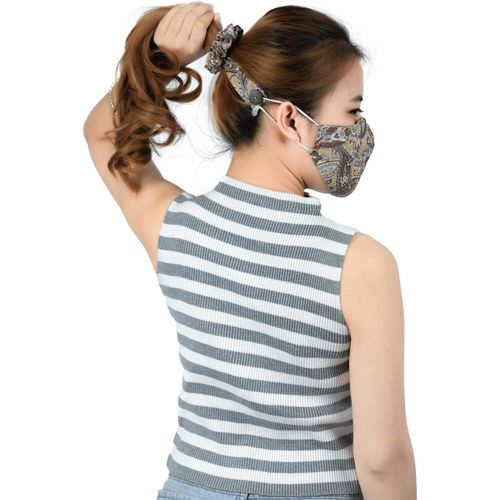 Kal-Chouchous Cheveux Femme Avec Boutons Pour Masque Facial Protège-Oreilles Protection Chouchou Noeuds Accessoires Courte Kaki Paisley Os