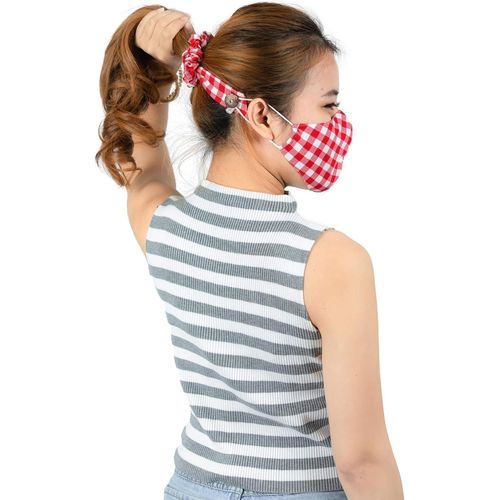 Kal-Chouchous Cheveux Femme Avec Boutons Pour Masque Facial Protège-Oreilles Protection Chouchou Noeuds Accessoires Courte Plaid Rouge Os