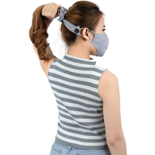 Kal-Chouchous Cheveux Femme Avec Boutons Pour Masque Facial Protège-Oreilles Protection Chouchou Noeuds Accessoires Courte Gris À Pois Os