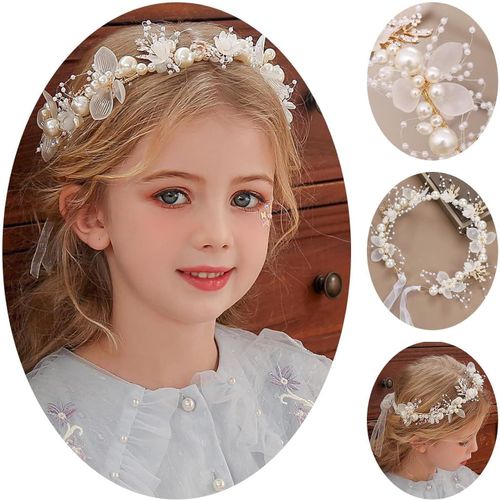 Kal-Blanc Couronne De Fleurs Bandeau Et 5 Pinces À Cheveux, Accessoire Cheveux Mariage Petite Fille Aux Fleurs Avec Perles, Fleurs Blanches, Ajustable Serre Tete Fille Pour Fiançailles, Fêtes