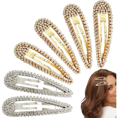 Kal-6 Pièces Strass Snap Pince À Cheveux Femmes Barrettes Cheveux, Métal Épingle À Cheveux, Strass Cheveu Bijoux De Cheveux Pour Filles Femmes Coiffure Demoiselle D'honneur Mariage (Or, Argent)
