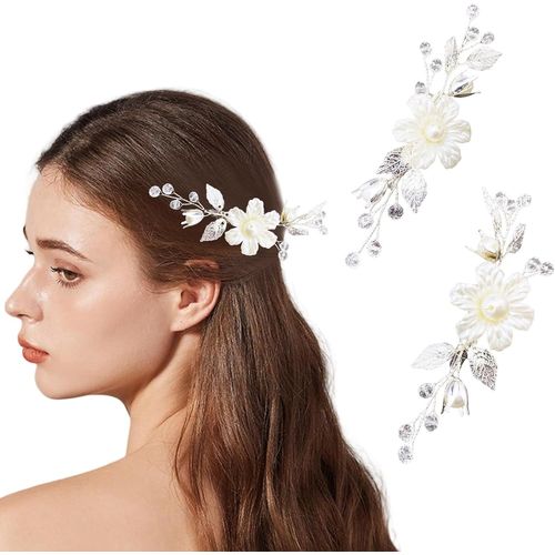 Kal-Lot De 2 Barrettes À Cheveux En Perles Et Fleurs - Pour Mariée - Blanc - Motif Floral - Feuilles Argentées - Accessoires De Cheveux - Perles En Cristal - Vintage - Pour Mariage Et Femme - Avec