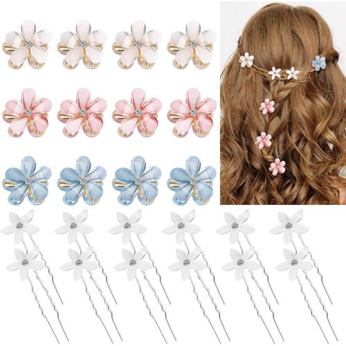 Kal-Set 24pcs Pince À Cheveux Fleur, Multicolore Barrette Fleur Con Strass Artificiels, Blanche Pince Chignon À Cheveux En Forme U Pour Mariage, Fête, Voyage Pour Filles, Dames