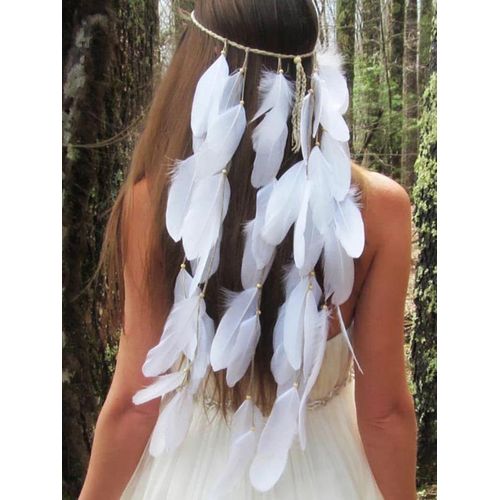 Kal-Serre-Tête Indien En Plumes Bohème Hippie Avec Plumes Blanches - Accessoire De Cheveux Pour Femme Et Fille
