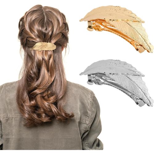 Kal-Lot De 2 Barrettes À Cheveux Vintage Métal, Pinces À Cheveux Forme De Feuille, Barrette Queue De Cheval, Minimaliste Cheveux Barrettes, Accessoire Cheveux Pour Femme Fille (Doré + Argenté)