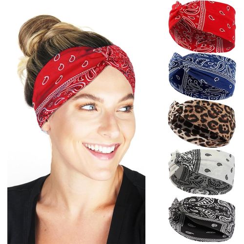 Kal-5 Pièces Bandeau Cheveux Femme, Boho Bandeaux, Fleur Léopard Imprimé Élastique Bandana Pour Cheveux Accessoires Pour Cheveux À N?uds Torsadés