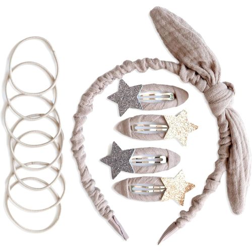 Kal-Ensemble D'accessoires De Cheveux Spéciaux Avec Serre-Tête, Pinces À Cheveux À Paillettes, Élastiques Combinés Avec Du Tissu Mousseline De Qualité Supérieure - Taupe - Pour Filles Et