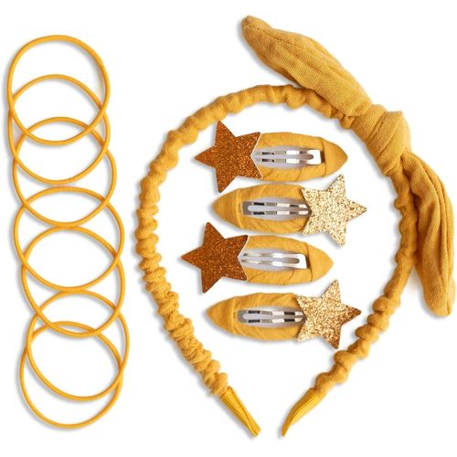 Kal-Ensemble D'accessoires De Cheveux Spéciaux Avec Serre-Tête, Pinces À Cheveux À Paillettes, Élastiques Combinés Avec Du Tissu Mousseline De Qualité Supérieure - Jaune Moutarde - Pour
