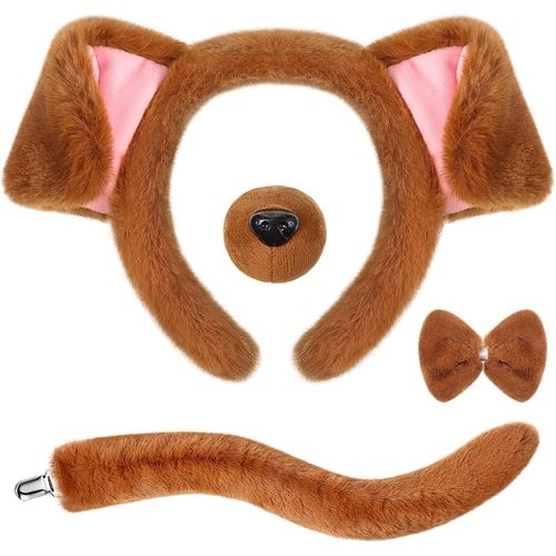 Kal-Ensemble De Costumes Oreilles Bandeau Faux Nez Noeud Papillon Queue Enfants Adultes Accessoire De Déguisement Pour Carnaval Halloween Cosplay(Brun,Joli Chien)