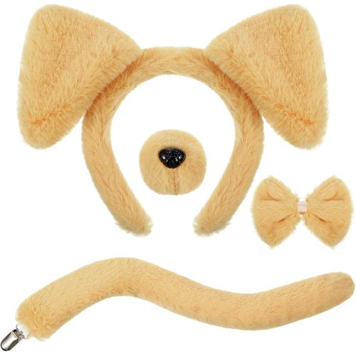 Kal-Ensemble De Costumes Oreilles Bandeau Faux Nez Noeud Papillon Queue Enfants Adultes Accessoire De Déguisement Pour Carnaval Journée Mondiale Du Livre Cosplay (Marron Clair, Chien Mignon)