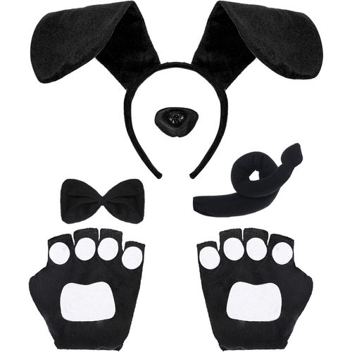 Kal-5 Pièces Costume De Chiot Chien Pour Enfant Adultes,Costume Chien Serre-Tête Avec Oreilles De Chien Cravate Queue Fausse Queue De Nez Déguisement Animal Accessoires Cosplay Halloween