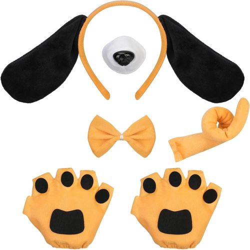 Kal-5 Pièces Costume De Chiot Chien Pour Enfant Adultes,Costume Chien Serre-Tête Avec Oreilles De Chien Cravate Queue Fausse Queue De Nez Déguisement Animal Accessoires Cosplay Halloween