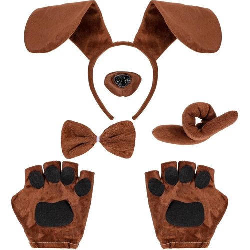 Kal-5 Pièces Costume De Chiot Chien Pour Enfant Adultes,Costume Chien Serre-Tête Avec Oreilles De Chien Cravate Queue Fausse Queue De Nez Déguisement Animal Accessoires Cosplay Halloween Brun