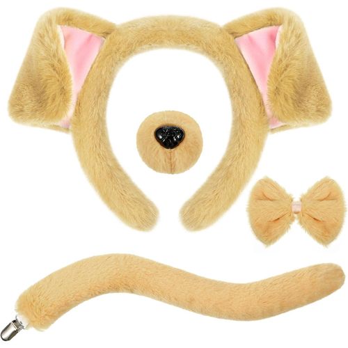 Kal-Ensemble De Costumes Oreilles Bandeau Faux Nez Noeud Papillon Queue Enfants Adultes Accessoire De Déguisement Pour Carnaval Journée Mondiale Du Livre Cosplay (Brun Clair, Joli Chien) 