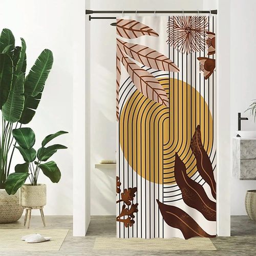 KAL-Rideau Douche Étroit, Rideau De Douche Abstrait Anti Moisissure 90X180Cm Abstrait Soleil Gelb Fleur Rose Petit Rideaux De Baignoire Tissu Lavable Imperméable Rideaux De Bain Avec 6 Crochets