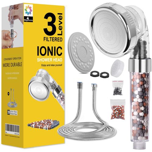 KAL-Pommeau De Douche, Pommeau Douche Anti Calcaire Avec Tuyau Économiseur D'Eau Haute Pression Filtre À Système De Filtrage Ionique (3 Filtration + Tuyau)