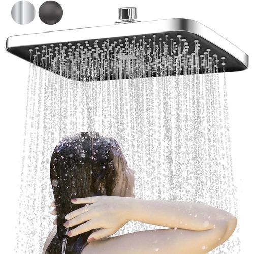 KAL-Tête De Douche Pluie Carrée Pomme De Douche Plafond Pommeau De Douche Pluie Tête De Douche À Effet Pluie Anti-Calcaire Douchette Plafond Universelle Facile À Installer (28 * 18.5Cm, Chrome)-F