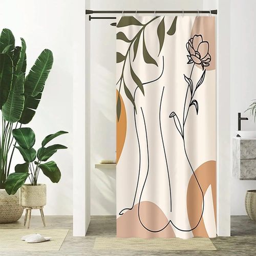 KAL-Rideau Douche 90X180Cm, Rideau De Douche Étroit Anti Moisissure Boheme Femme Abstrait Feuilles Vert Petit Rideaux De Baignoire Tissu Lavable Imperméable Rideaux Salle De Bain Avec 6 Crochets